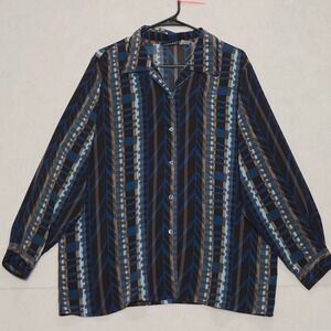 Fashion Bug Geometric Print Button Up Shirt Women 18 20 Blue Brown Long‎ Sleeve